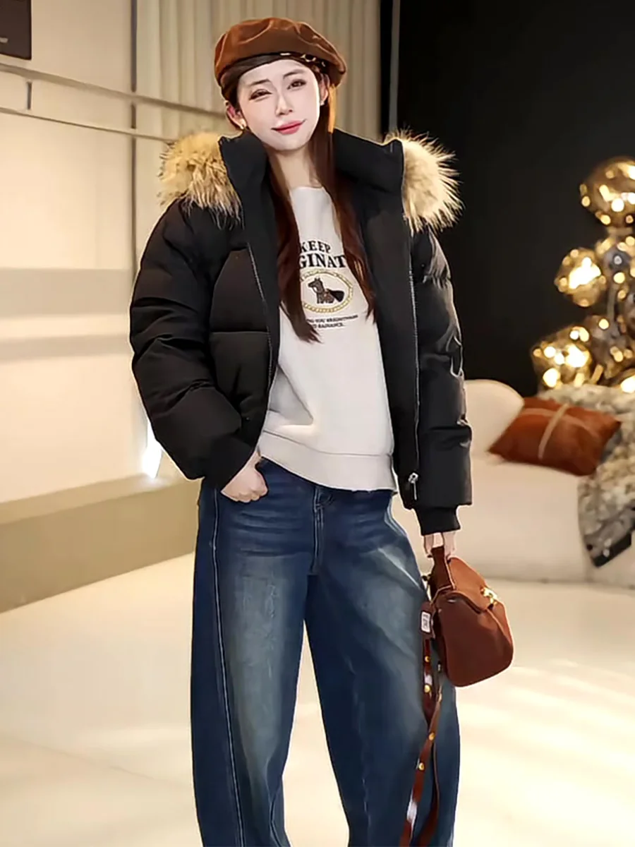 

Повседневная женская куртка-пуховик с капюшоном, теплая, морозостойкая, 90% белый пух, с воротником из натурального меха, новая зимняя модель...