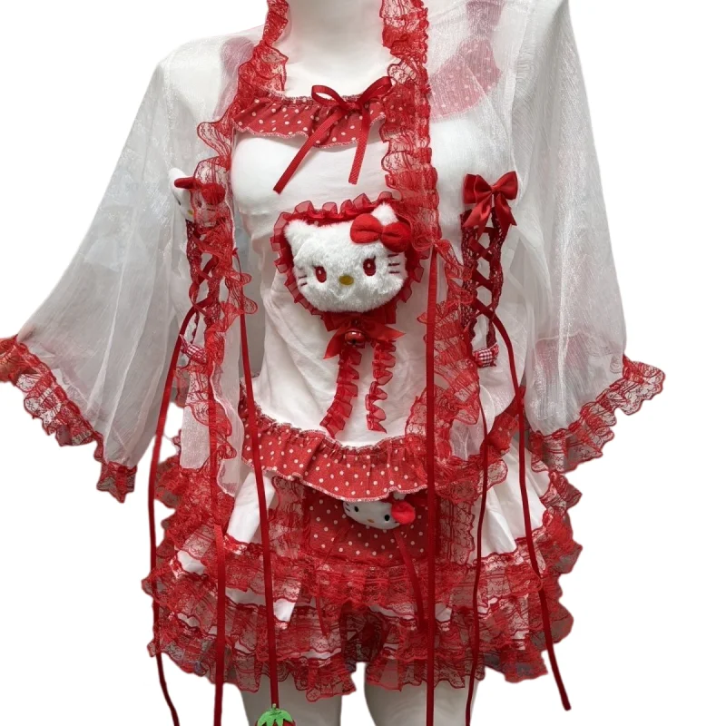 

Anime Cosplay Costume Hello Kitty Summer Lace Trim Bows Decoration Sweet Lovely Pink Tops Pengpeng Cake Short Skirt Girls Gift