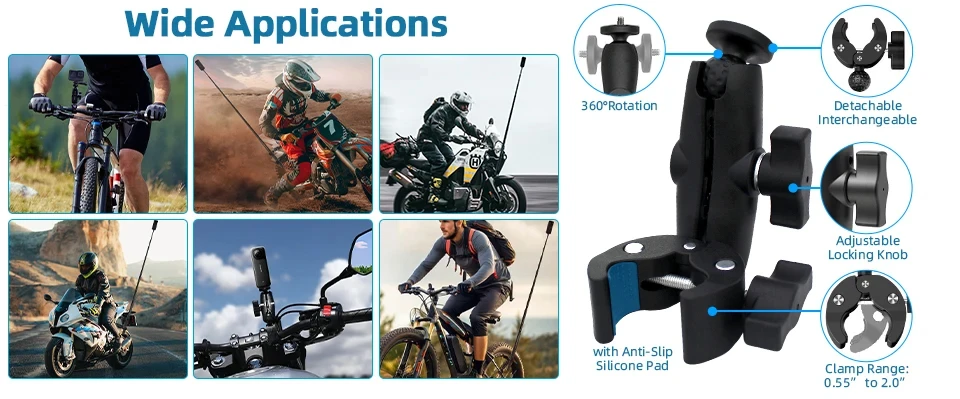 Motorcycle Mount Kit for Insta360 X5 X4 X3 X2 RS DJI GoPro Double Clamp Handlebar Selfie Stick for Insta 360 Mount Accessories