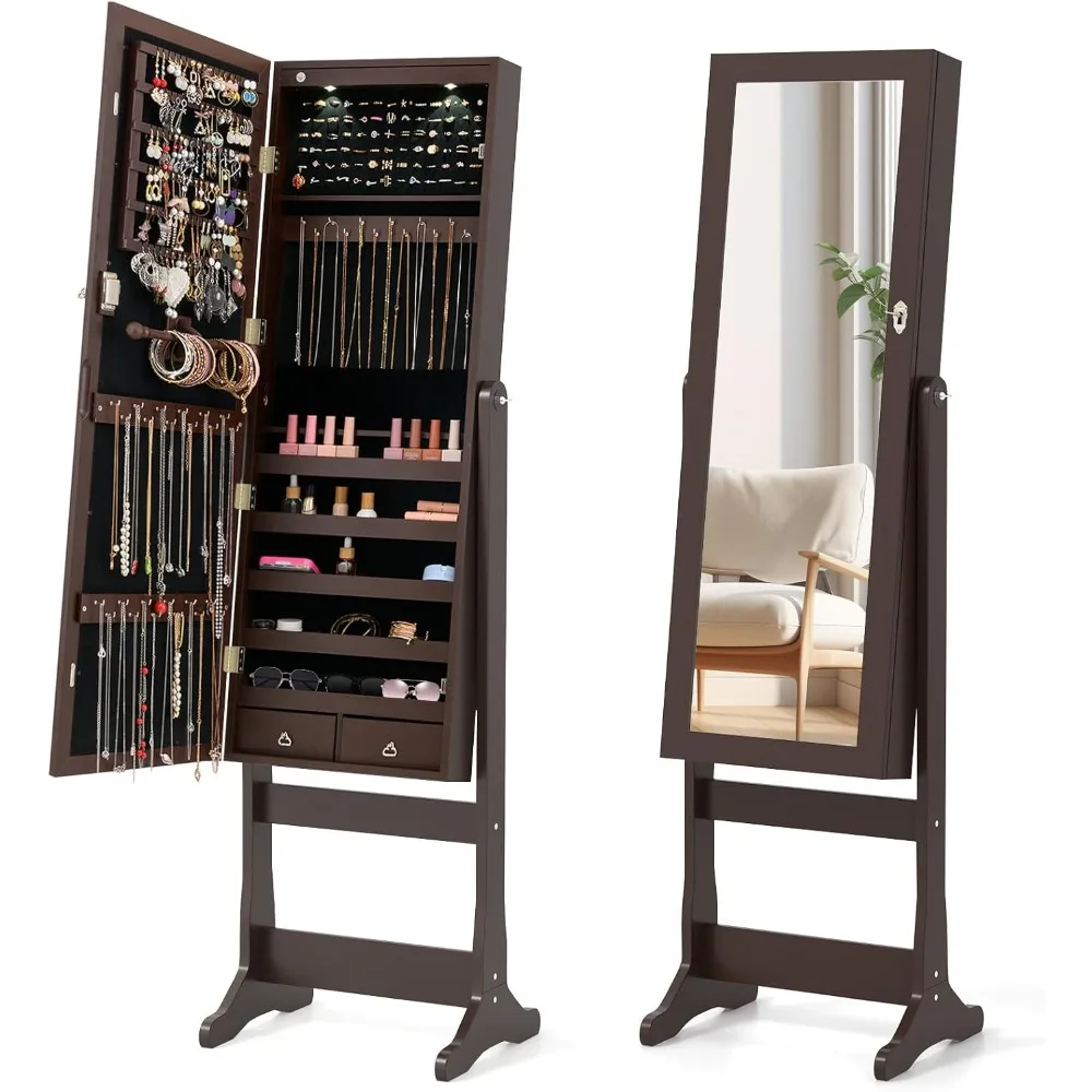 

2 LEDs Standing Jewelry Cabinet with Full Length Mirror, Lockable Mirrored Jewelry Armoire with 2 Drawers, 4 Adjustable