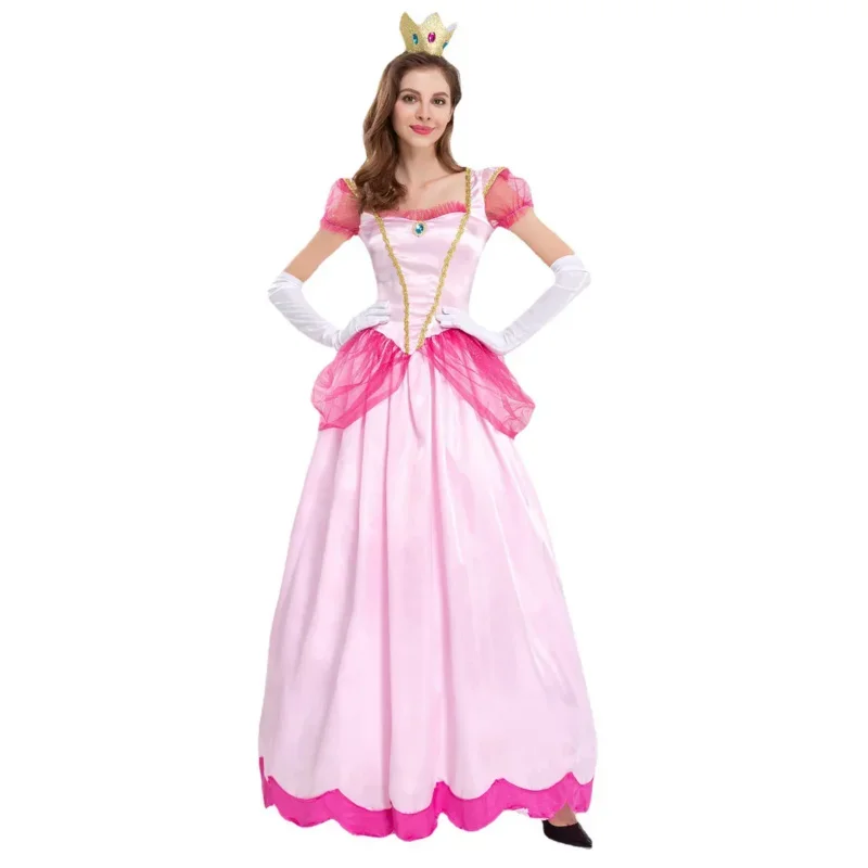 Women Girls Princess Peach Beech Pink Dress Adult Sexy Fairy Tale Palace Long Dress Performance Cosplay Costume Summer Outfit Q