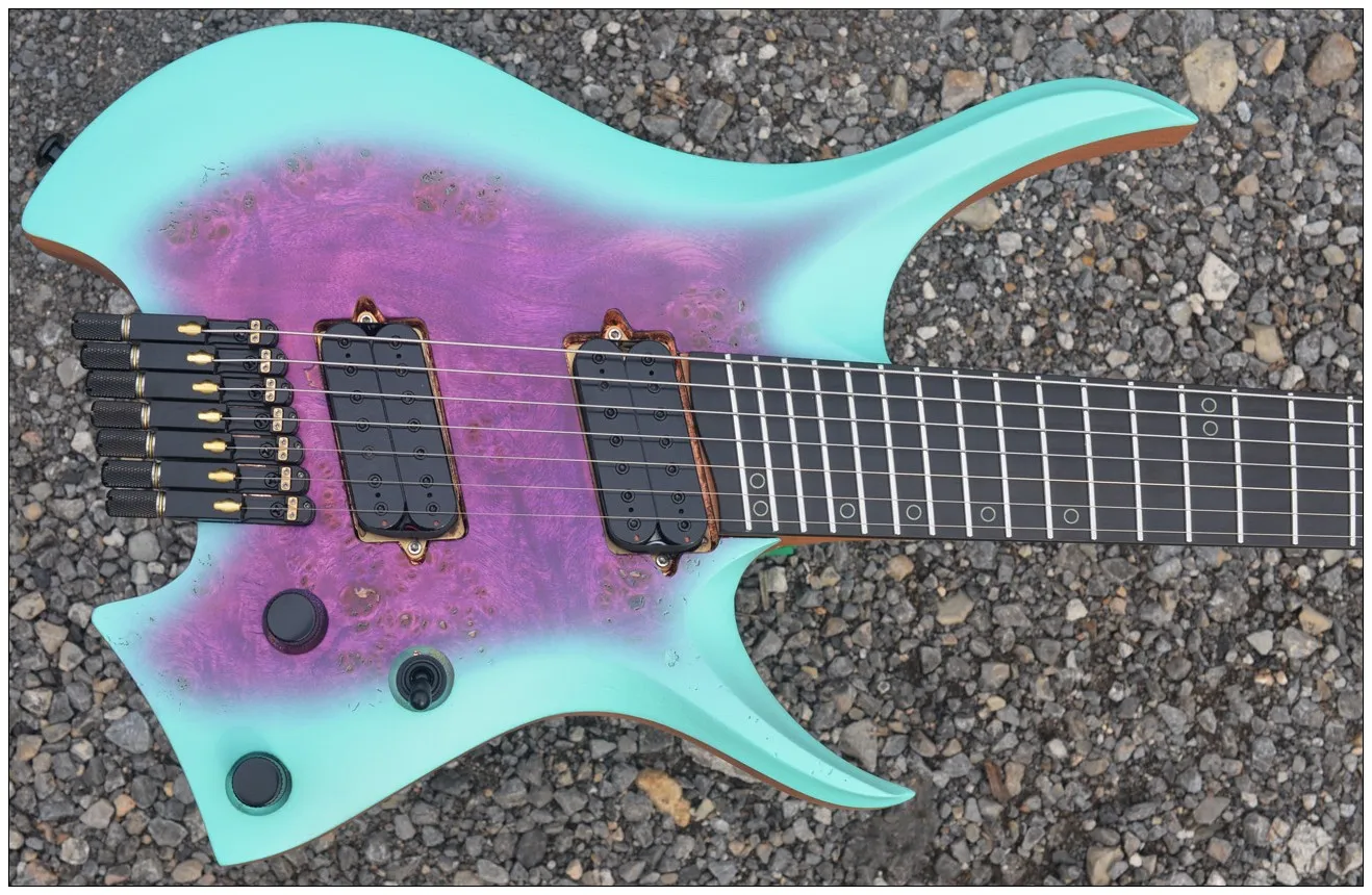 2024 Fanned frets 7 Strings Headless Electric Guitar purple Mahogany Maple Neck ebony fretboard HH pickups