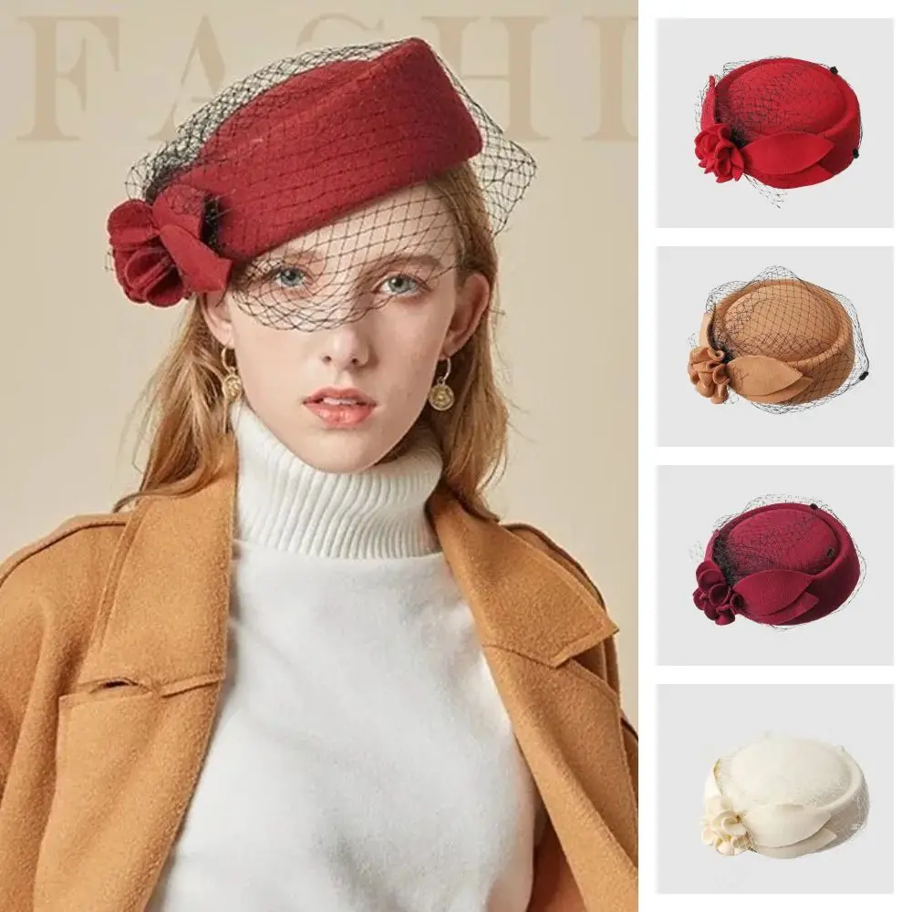 

Uniform Stewardess Hat Vintage Mesh Topper Hat Flower Retro Pillbox Hat Charm Solid Color Woolen Beret Live Show