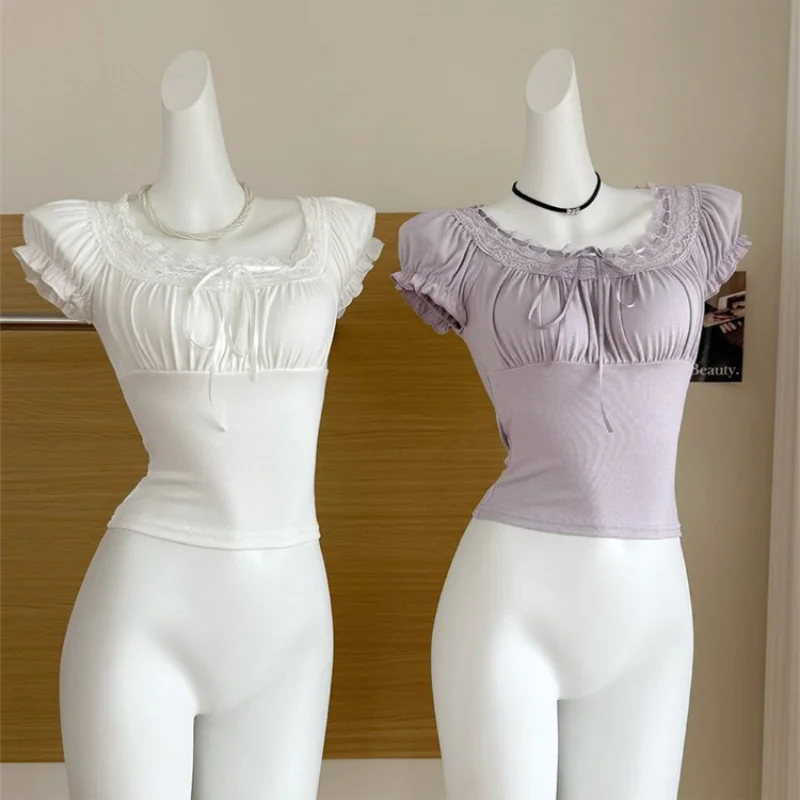 Casual White Knitted Lac Patched Female T-Shirts Y2K Korean Style Slim Tie Up S…