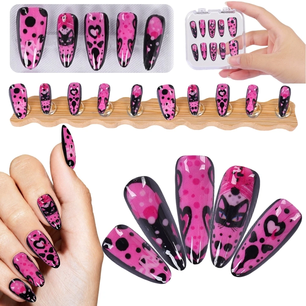 Uñas postizas artísticas Grease Pink para mujer, hechas a mano, uñas postizas para usar, puntas de uñas artísticas, accesorios para disfraces de Halloween y cosplay