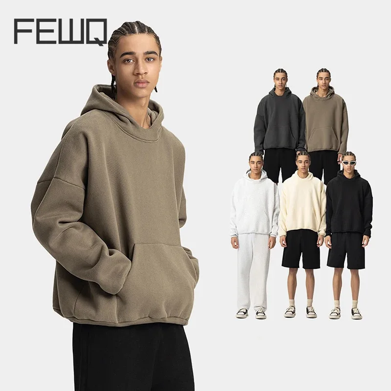 FEWQ Men's Wear Wide Silhouette Hoodie Men Autumn Winter 2025 Solid Color Long Sleeve Sweatshirt Streetwear Male Tops 24K1001