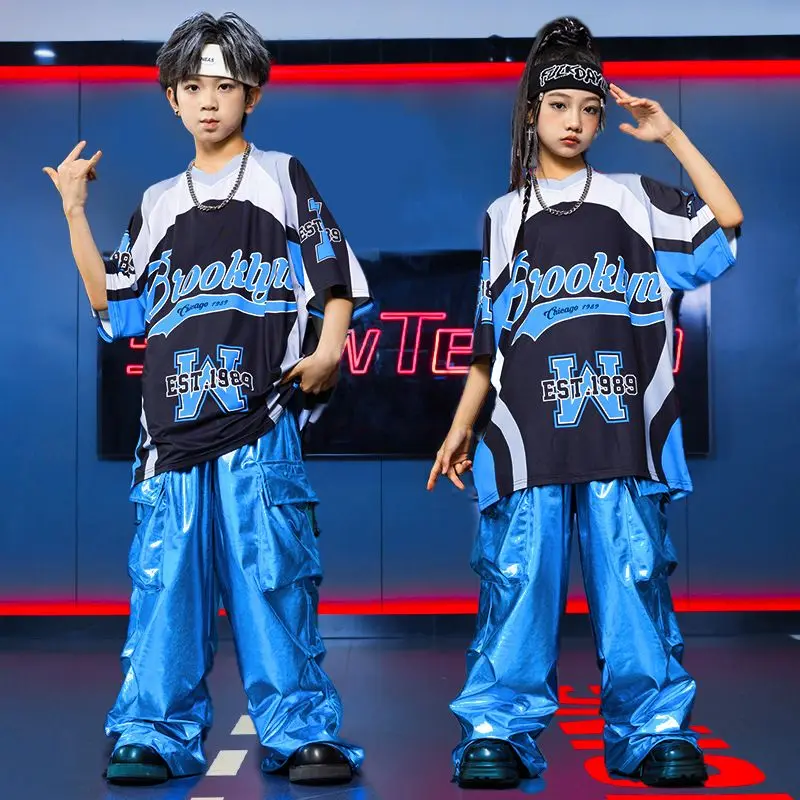 Cool Style Boys' Clothes Summer Loose Short Sleeve Blue Trousers 2 Pieces Hip-HopClothes Street Clothing Fancy Suits For Girls