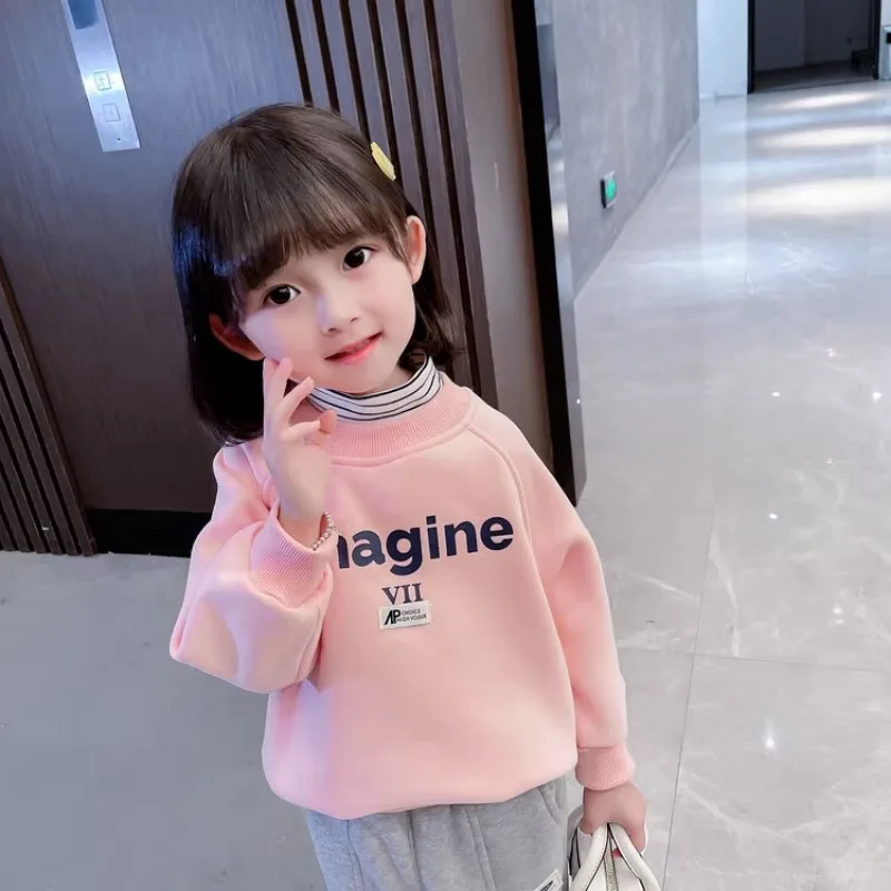 1-6 Years Old Girl Autumn Turtleneck Plus Velvet Letter Pink Sweater Kids Boutique Clothes Girls