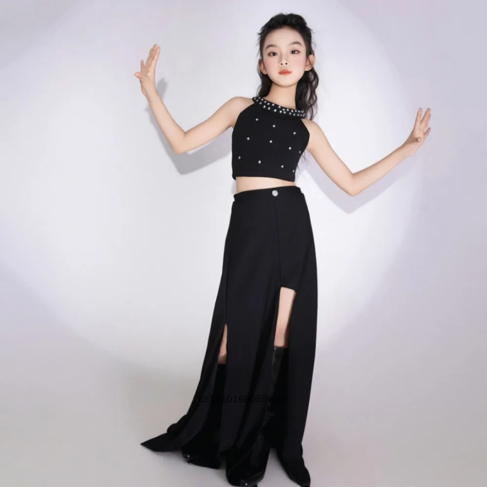Girls Black Halter Neck Rhinestone Fashion Dress Kids T Stage Catwalk Show Costume Off Shoulder High Slit Jazz Hip Hop Performan