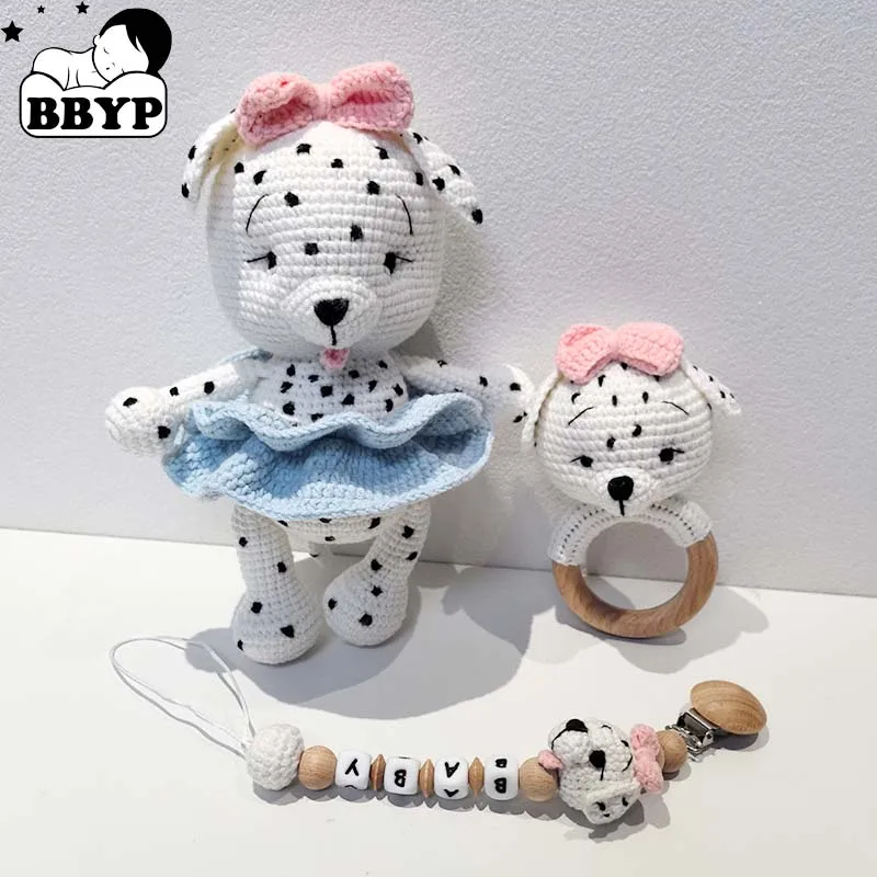 Customized Name Pacifier Chain Crochet Dalmatian pacifier Chain kawaii Dog Animal Doll Beech Wood Pacifier Clip Baby Birth Gift