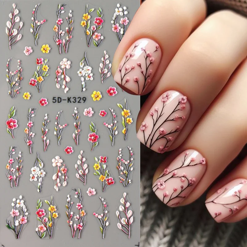 5D tłoczony kwiat motyl naklejki na paznokcie kolorowe kwiatowe płatki projekt naklejki do paznokci akrylowy samoprzylepny suwak wystrój