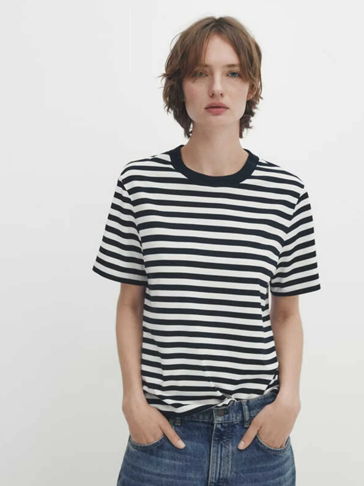 Damska koszulka casualowa z okrągłym dekoltem, w paski, z czystej bawełny, wygodna, letnia, nowość, do pracy, prosty krój.