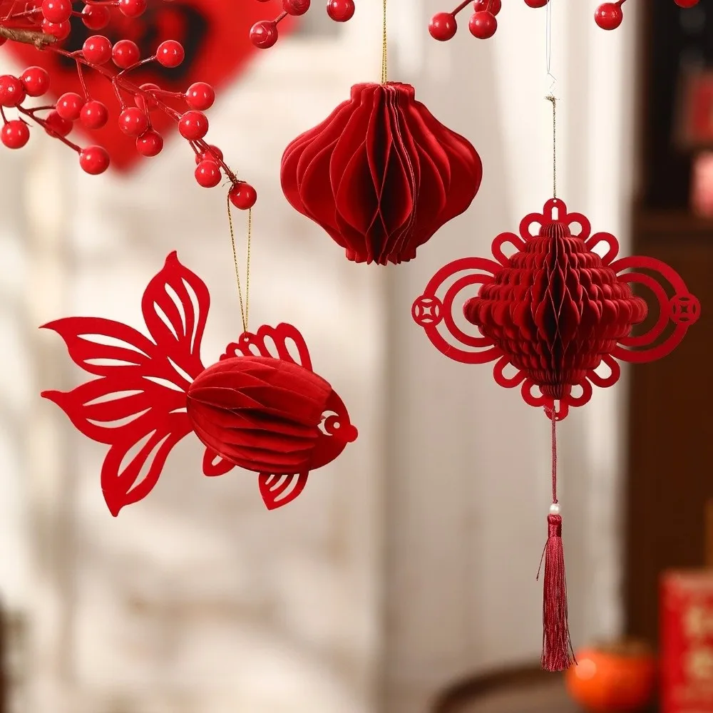 Traditional Red Chinese New Year Decoration Small Chinese Knot Honeycomb Lantern Koi Gourds Shape 3D Felt Pendant Living Room