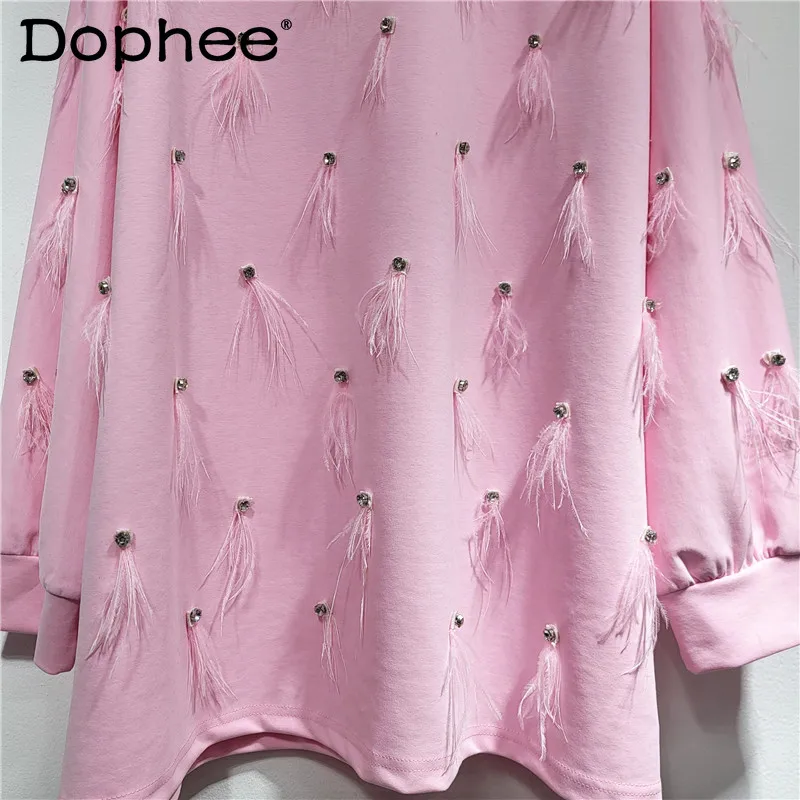 Nappa di piume con diamanti industria pesante girocollo felpe a maniche lunghe donna 2024 autunno nuove felpe oversize Casual