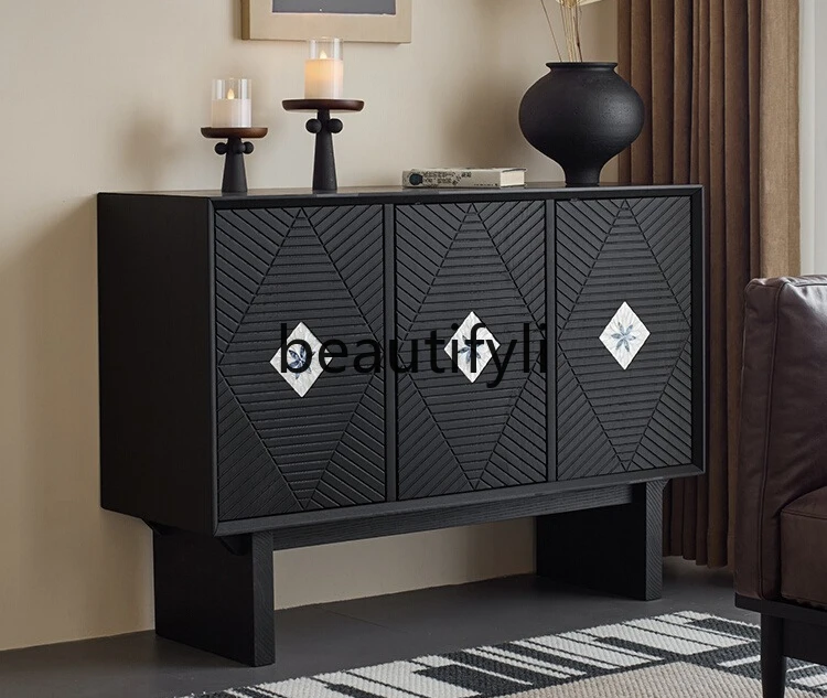 

Light sandalwood solid wood black dining sideboard integrated storage retro light luxury restaurant tea storage cabinet