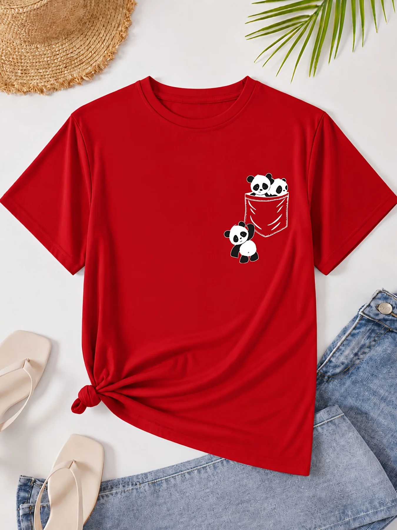 Women'S T-Shirt, Cute Women'S T-Shirt, Summer T-Shirt, Sweet Women'S T-Shirt, Round Neck T-Shirt, Women'S Printed T-Shirt, Women'S Black T-Shirt, Women'S Panda Printed T-Shirt, -Containing T-Shirt, Comfortable Fabric T-Shirt, Cute T-Shirt