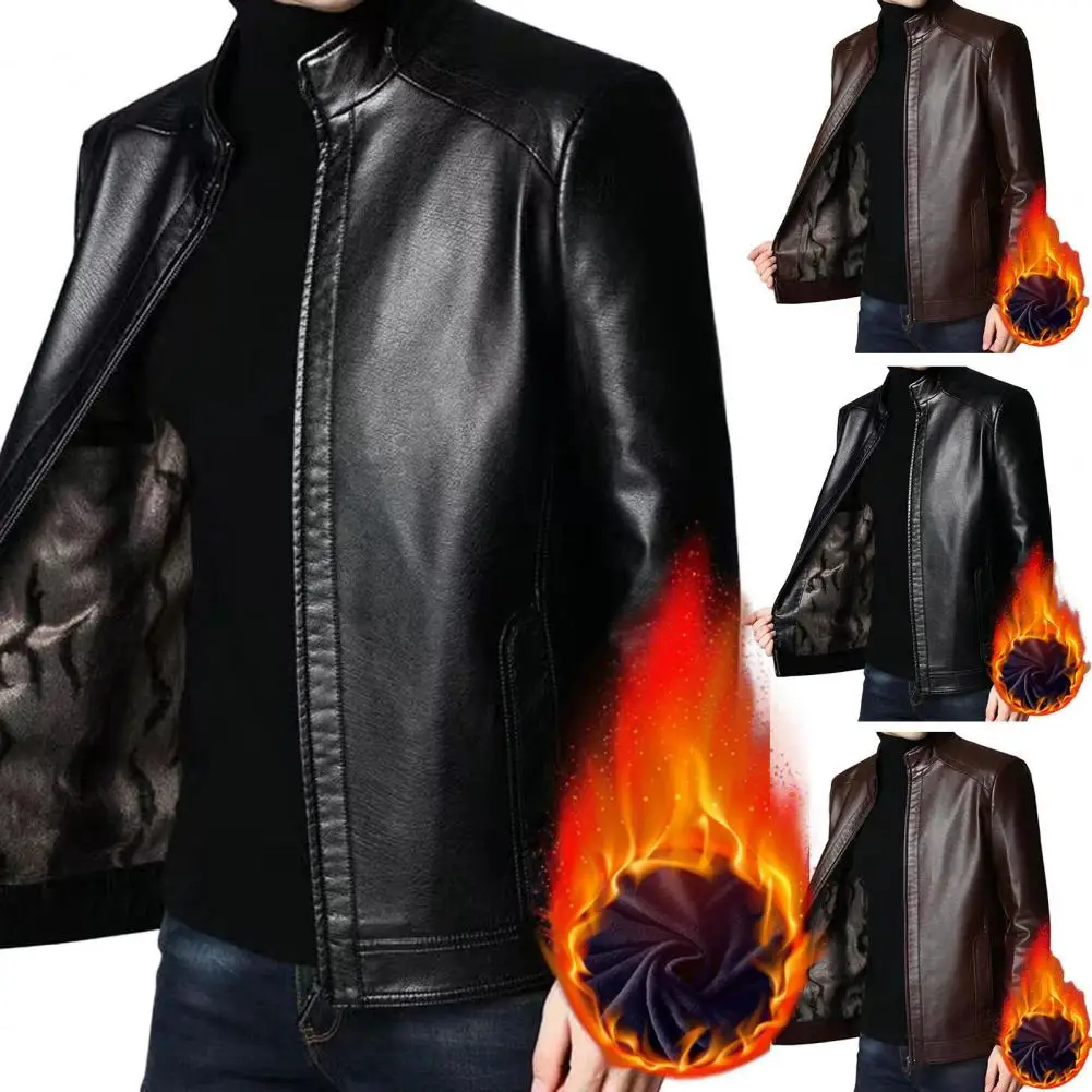 

Faux Leather Jacket Men Faux Leather Coat Mid-aged Men's Windproof Faux Leather Motorcycle Jacket with Plush Heat Retention