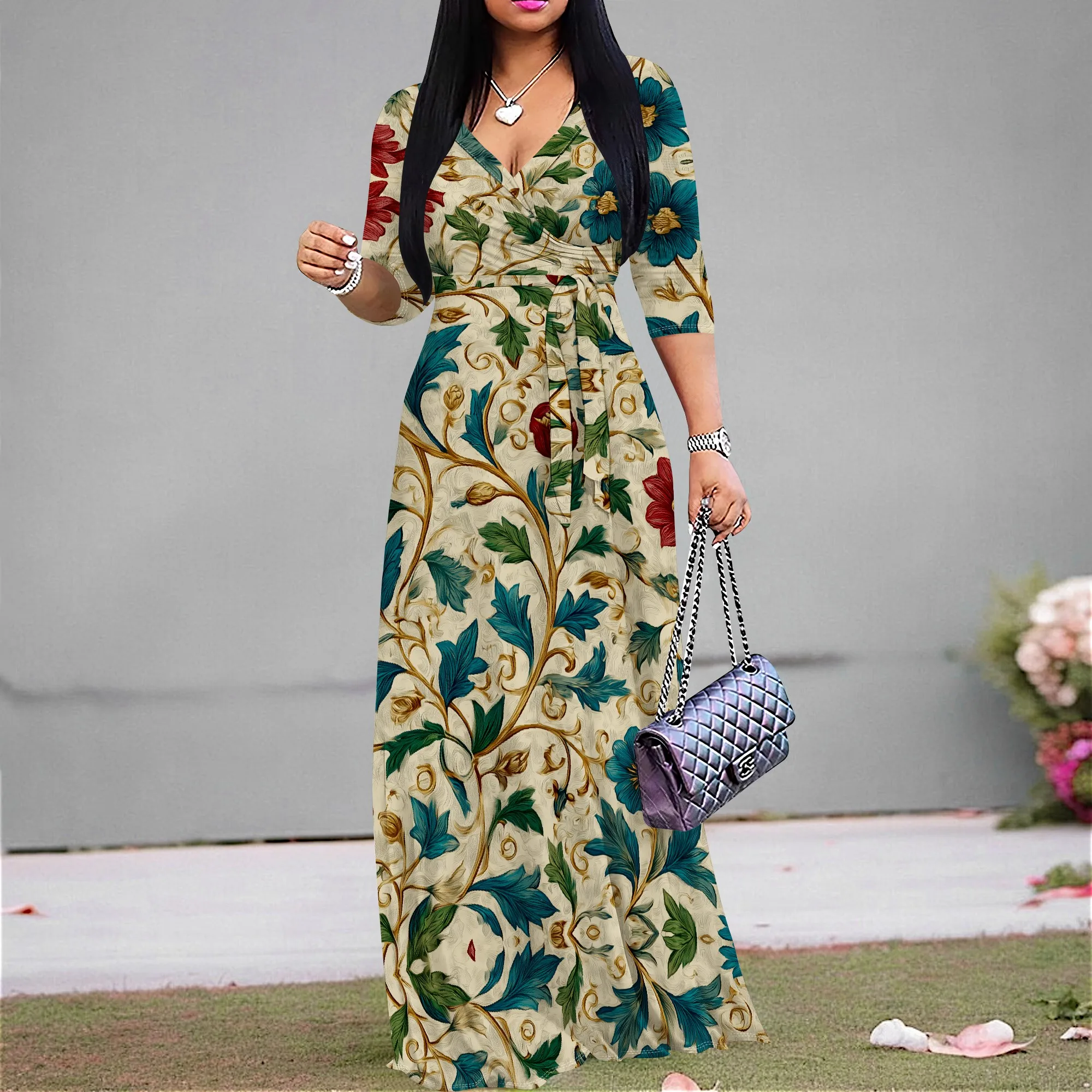 

Women's Vintage Floral Print Wrap Maxi Dress S-3XL Elegant V-Neck Belted Style for Wedding Guest & Fall Events