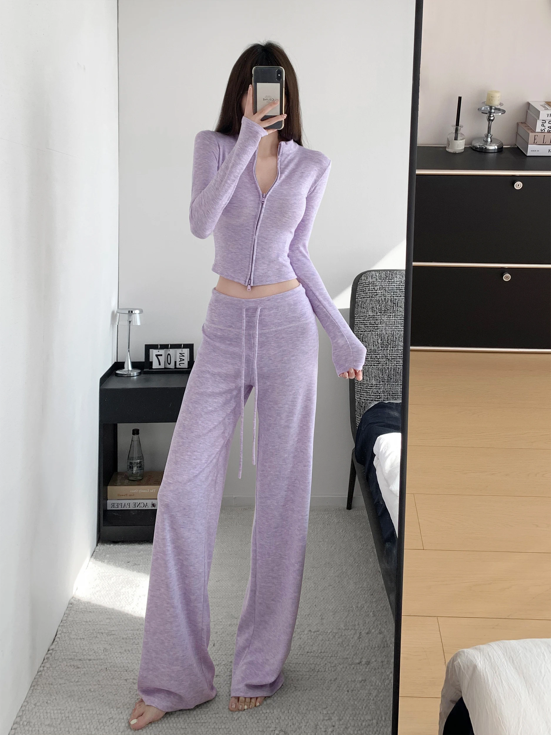 

Comfortable Purple Suite Women's High Waist Flared Pants Short Top Long Sleeve Cotton Filled Polyester Fabric Autumn Spring S...
