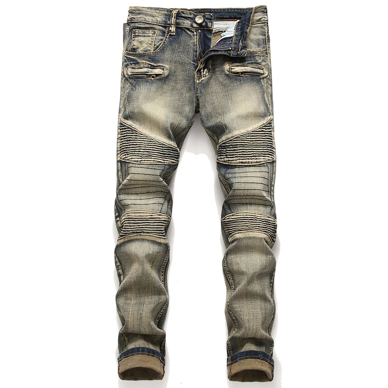 Jeans retrô plissado reto de motociclista masculino, calça casual de motocicleta de alta qualidade, outono, 2023