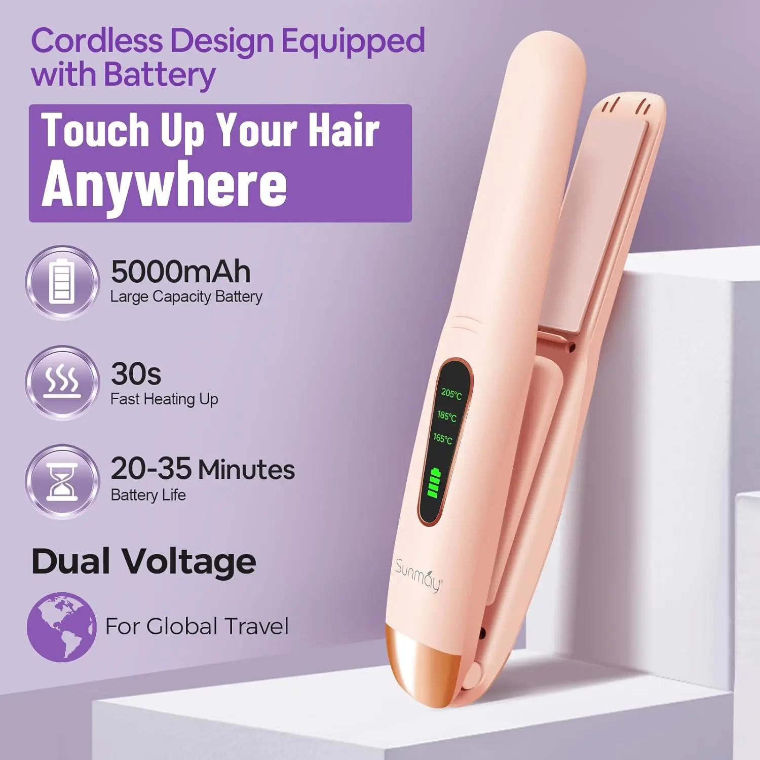 Sunmay Voga Cordless Hair Straightener and Curler 2 in 1, Portable Flat Iron for Travel, Dual Voltage Titanium Iron for Women