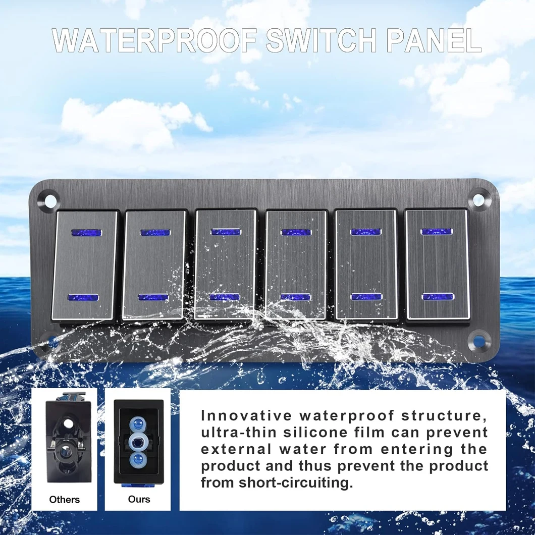 

6-бандовая водонепроницаемая панель кулисного переключателя с двойной синей светодиодной подсветкой, панель тумблера 12-24 В для морской лодки, автомобильного автомобиля