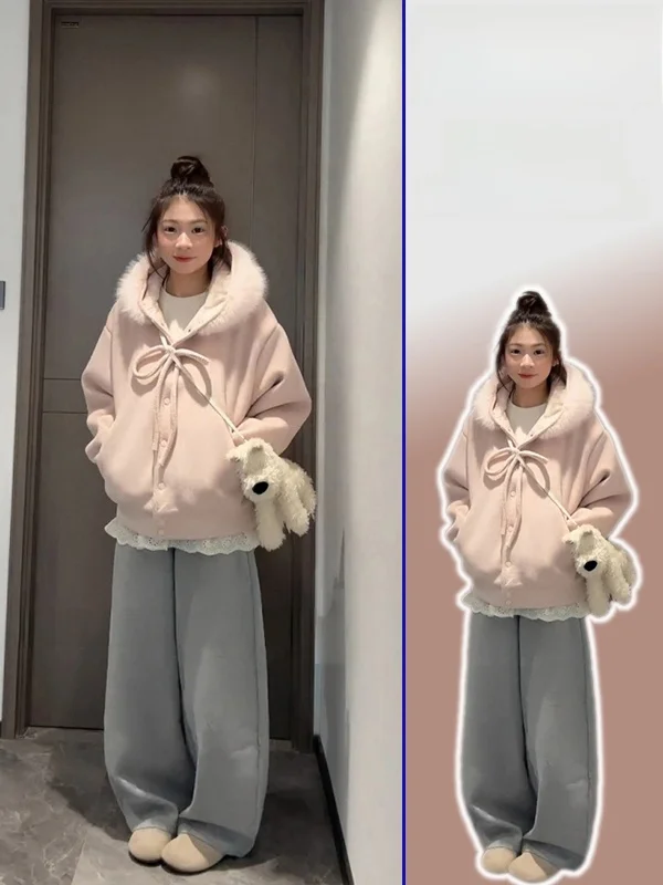 

Sweet Sle Knot Fur Collar Hooded Jaet plus Size Warm Thi ort Top for aped Women Daily Wear