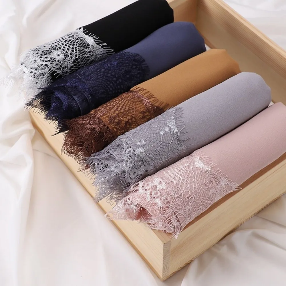 

Versatile Elegant Silk Scarf Lace Edge Solid Color Chiffon Hijab Veil Breathable Soft Ramadan Headscarf Women Headwear