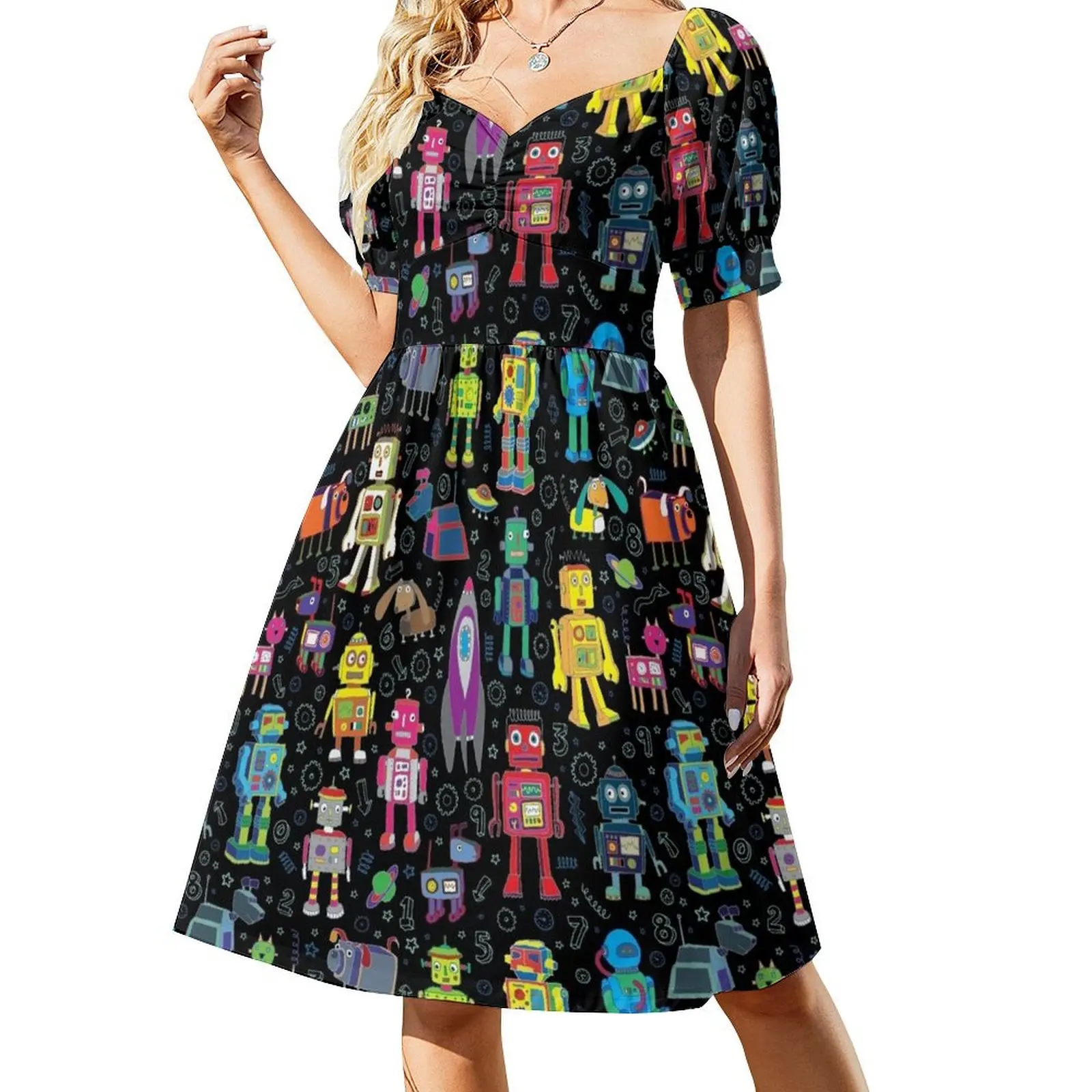 

Robots in Space - black - fun pattern by Cecca Designs Short Sleeved Dress dress korean style elegant dress luxury dresses