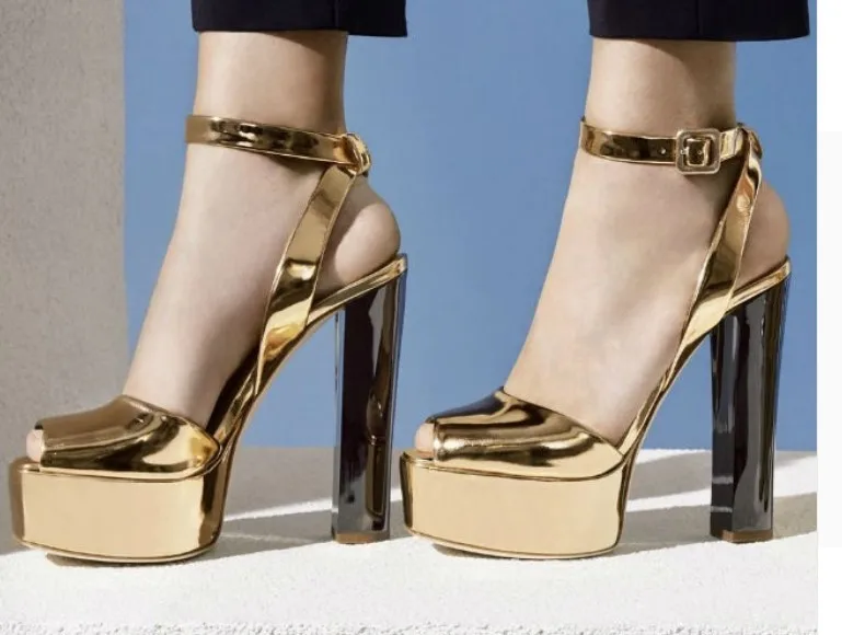 

Ladies Peep Toe Metallic Platform High Heels Sandals Buckle Strap Brand Bridal Women Shoes Glittering Paillette Thick Heels