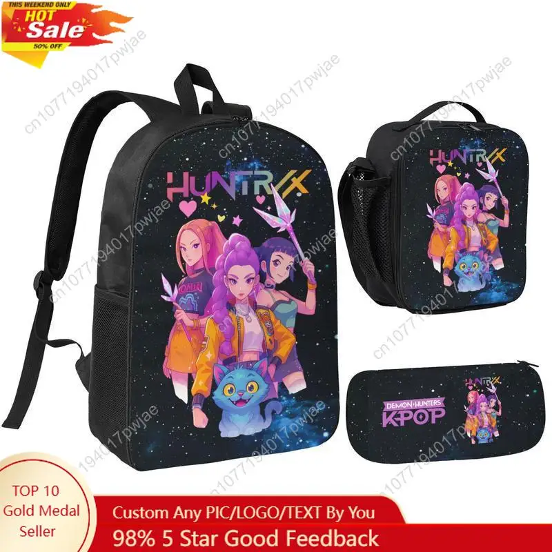 

3PCS Functional K-POP Demon Hunters Backpack Set - Black Large Capacity Laptop Schoolbag + Portable Lunch Bag + Pencil Case, Fas