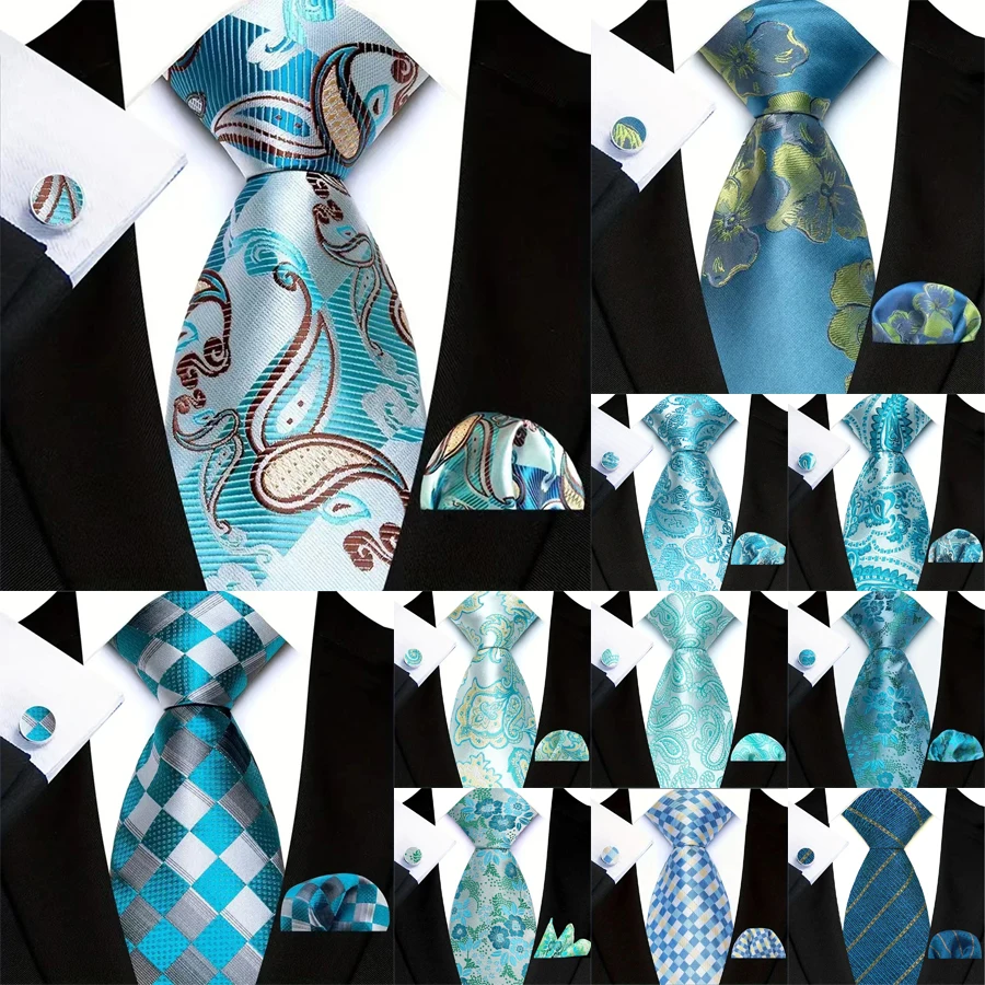 Mens 8CM Necktie Teal Green Lack Blue Stripes Plaid Floral Tie For Men Hanky Cufflinks Tie Set Daily Wear Wedding Business Party