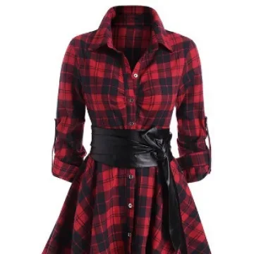 Fashionable Plaid Medium-Length Dress High-Waisted Belt Long Sleeve Cross-Border New Style Women's Garment