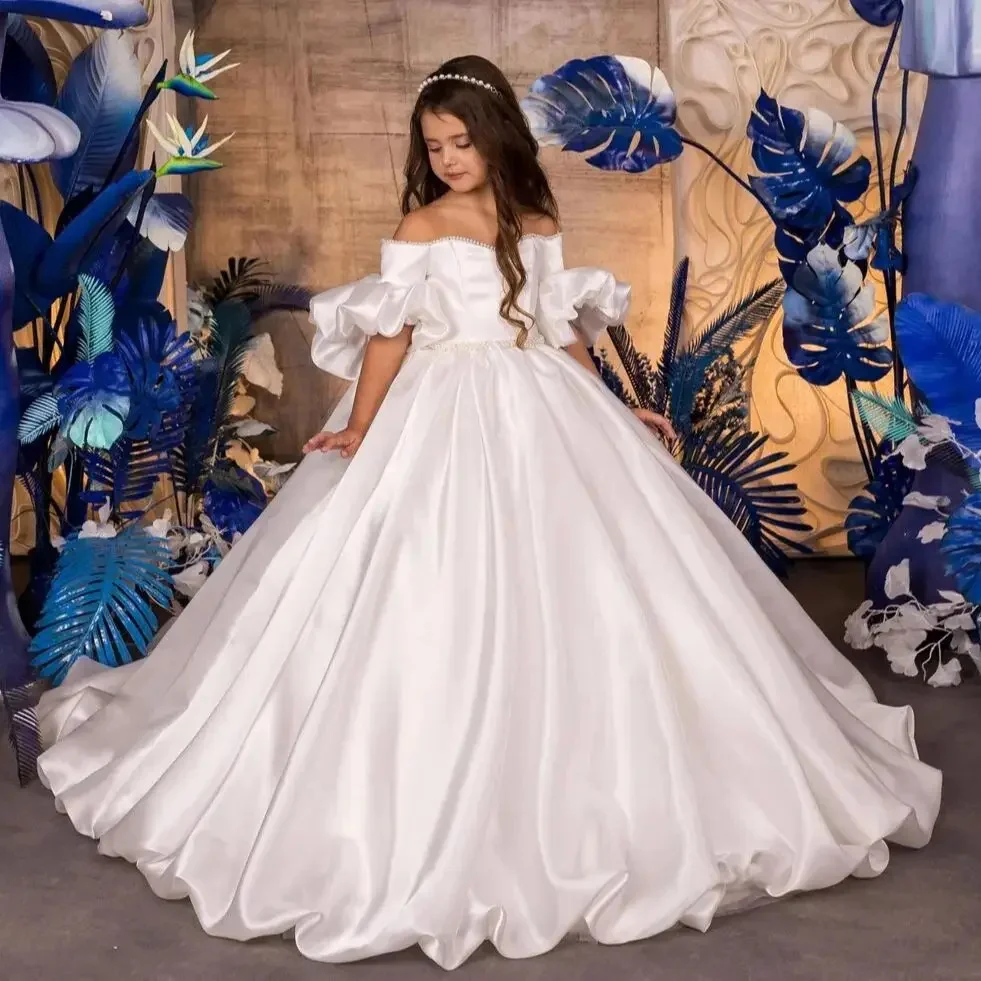 

Customized Ivory Flower Girl Dresses For Wedding Satin Floor Length Off Shoulder Elegant Kids First Communion Banquet Prom Gown