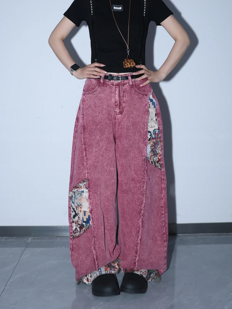 

BOROI American Retro Ethnic Sle Patchwork Frayed Denim Pants Women Summer New Loose Versatile Wide Leg Trendy High Waist Lo...