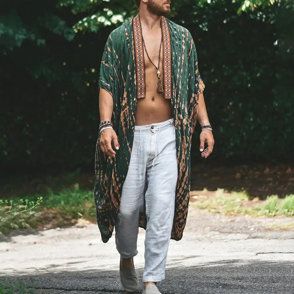 Men Beach Coat Retro Style Mid-Length Loose Fit Printing Sun Protection Jacket Open Front Long Outwear Summer Hawaiian Vacation
