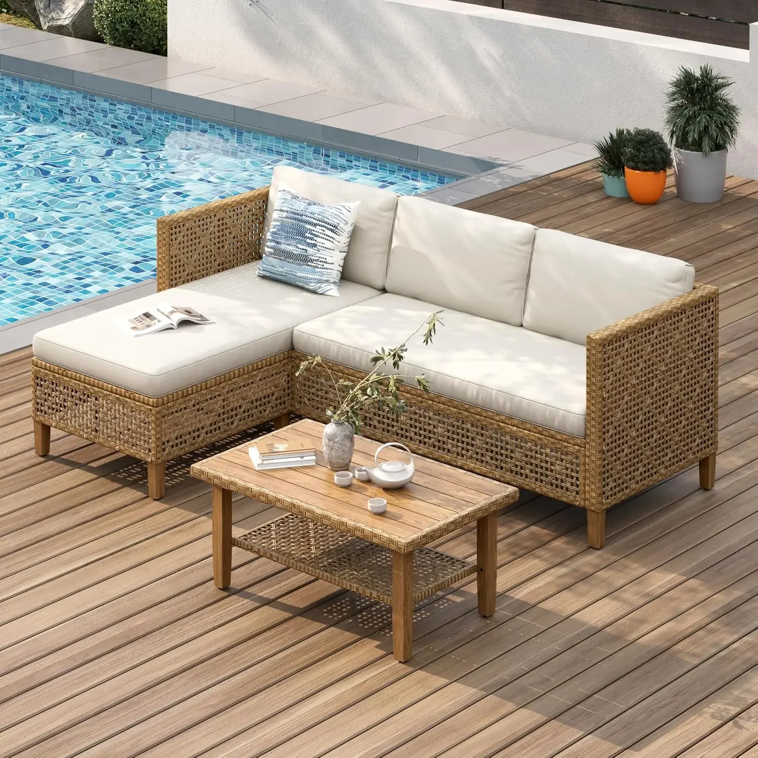 Outdoor Sectional Couch, Small L-Shaped Patio Sofa Sets, Beige | 4 Seats Wicker Patio Furniture Set with Coffee Table, Rattan Ou