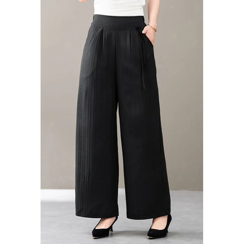 Nieuwe Chinese Stijl Reliëf Wijde Pijpen Temperament Negen-Punt Vrouwen 2025, Nieuwe Elastische Hoge Taille Gesp Casual Broek