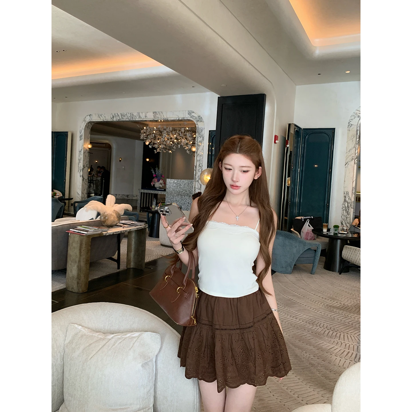 

Юбка А-силуэта Chen Dayau с высокой талией, утягивающая, кофейного цвета, осенне-зимняя, модная, средней длины, для женщин