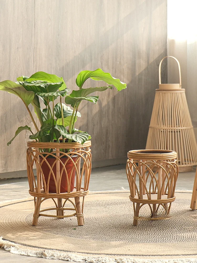 Pot Tanaman Berdiri dari Rotan Plastik Anyaman Sederhana Nordik, Keranjang Dekorasi Rumah Ruang Tamu, Ornamen Balkon Taman