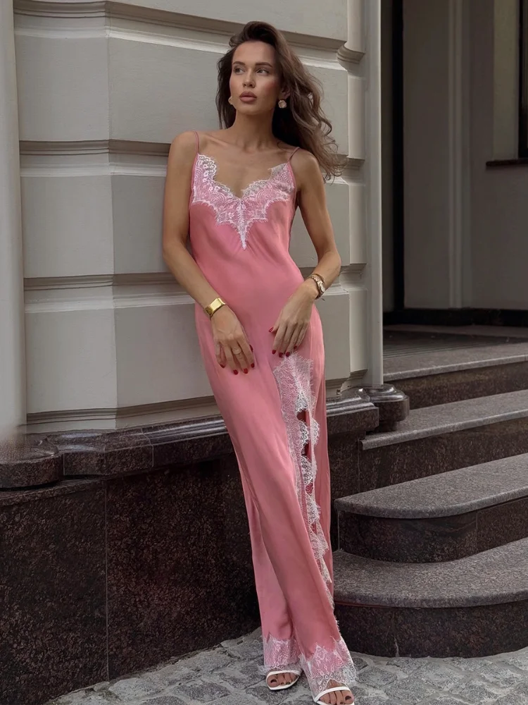 Women Elegant Sleeveless Satin Lace Splicing Sling Dress Chic Pink Backless V Neck Slim Max Dresses Summer New Lady Party Robes