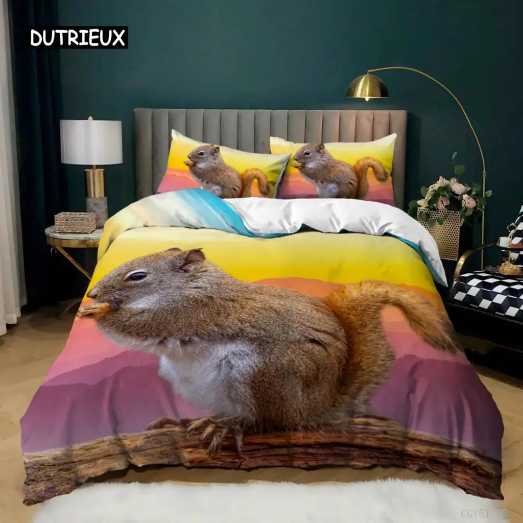 Squirrel Duvet Cover Set Cute Squirrel Branches Comforter Cover for Kids Boys Girl Microfiber Animal Theme King Size Bedding Set