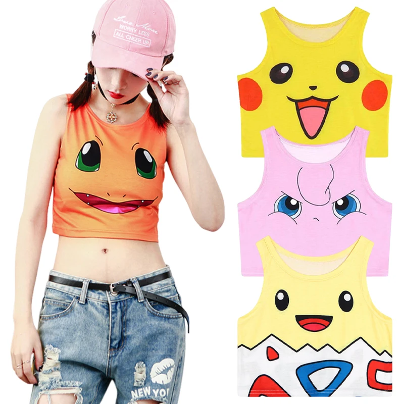 Camisola de Pikachu para mujer, chaleco de verano con dibujos animados de Anime, ropa informal, camiseta ajustada, Top elástico, Tops cortos sexis para mujer, chaleco sin mangas
