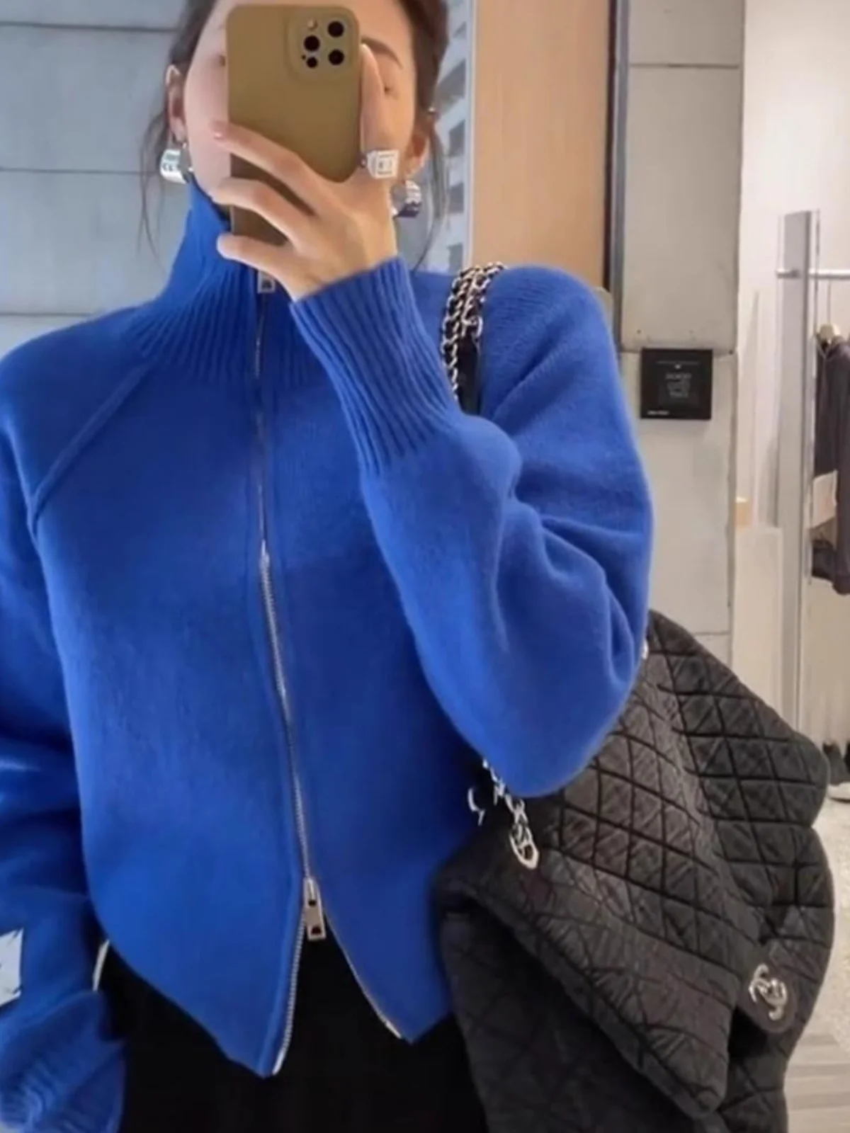 Klein синий вязаный открытый кардиган женский свободный крой осень-зима однотонный длинный све на молнии Jaet корейский Sle для поездок на работу