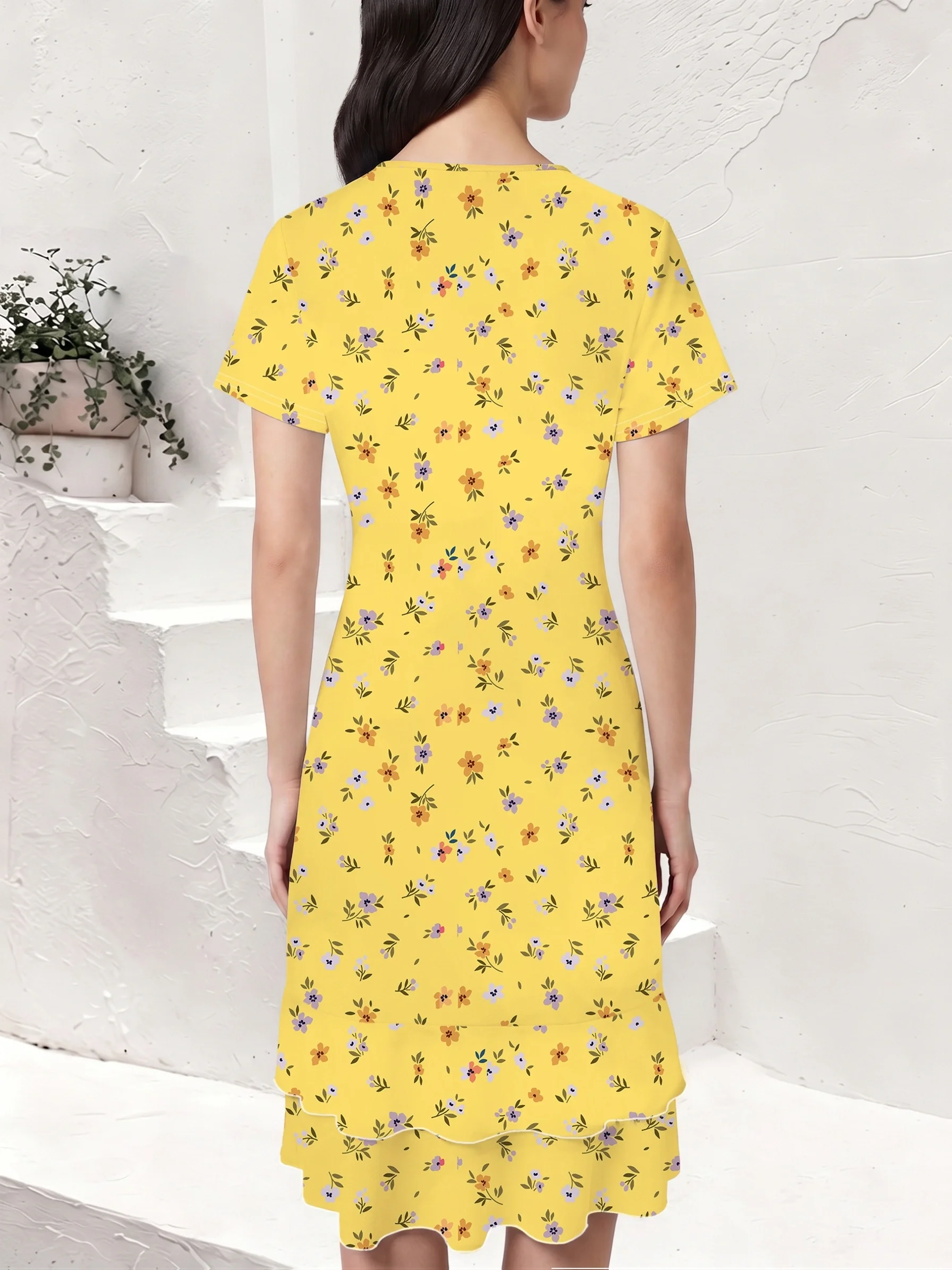 Gentle Yellow Floral Print Mid-Length Dress with V-Neck, Short Sleeves, and Ruffled Hem, Slim Fit