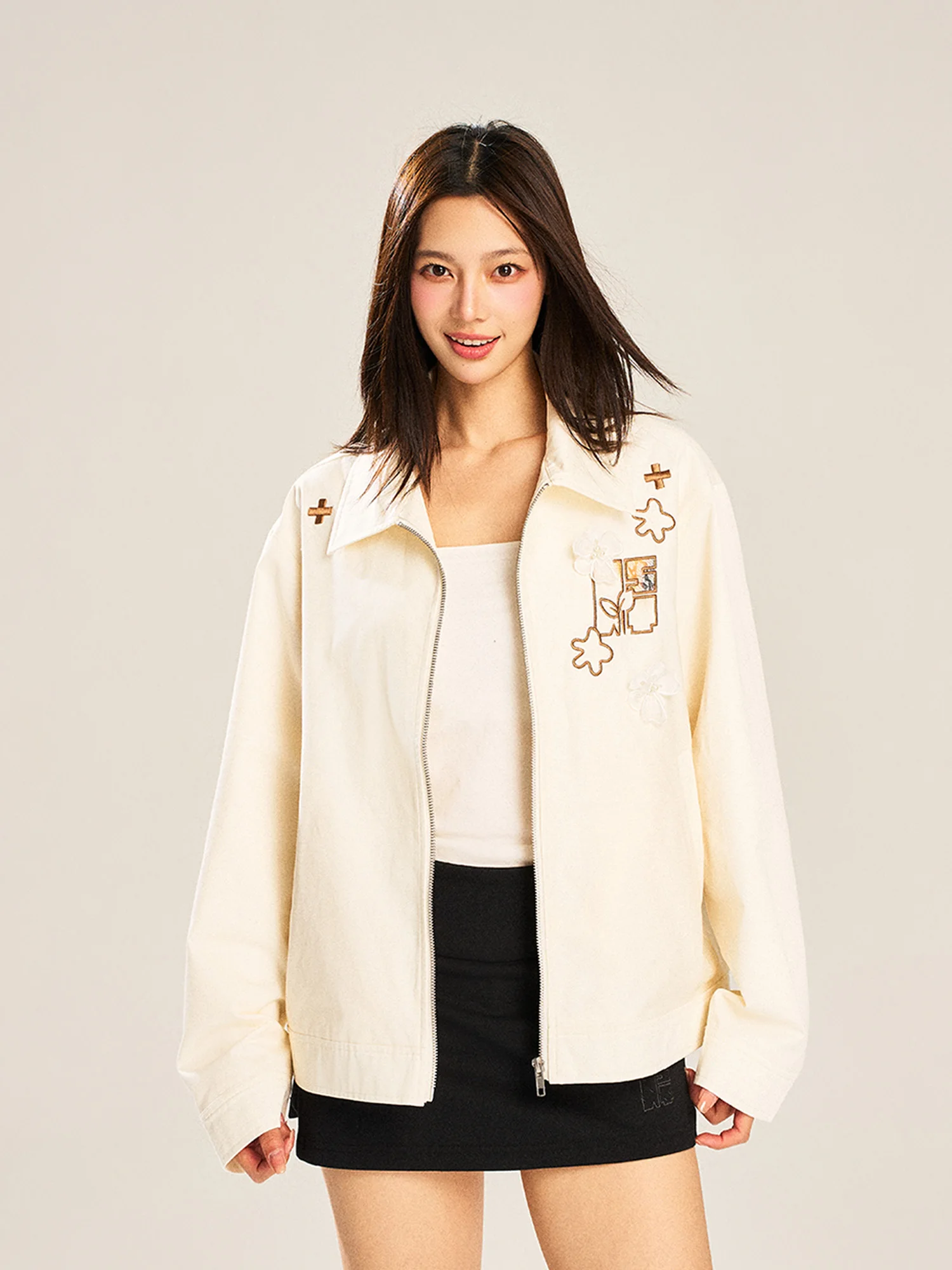 Odzież robocza dla par Jaet z koronkowymi wstawkami i kołnierzykiem, amerykański styl, młodzieżowa, bawełniana, długi rękaw, zapinana na zamek, bez kaptura.