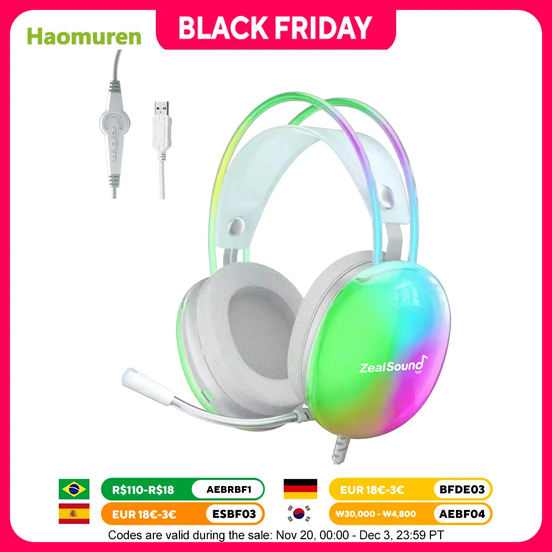 

Haomuren RGB Gaming Headset for PC Laptop PS4 PS5 Wired Over-Ear Headphones with Mic, Surround Sound & Full LED Lighting