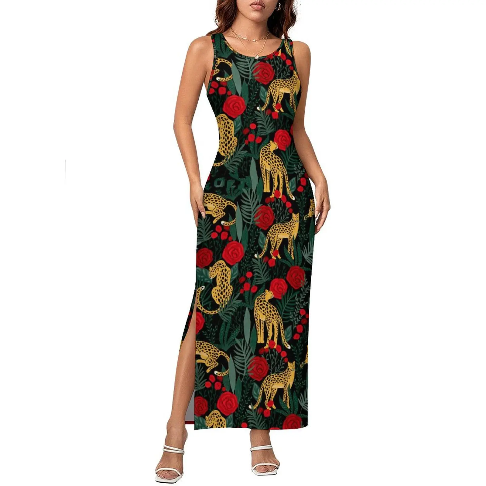 Floral Leopard Dress Sleeveless Red Roses Print Korean Fashion Maxi Dresses Pretty Bodycon Dress Woman Pattern Oversized Clothes