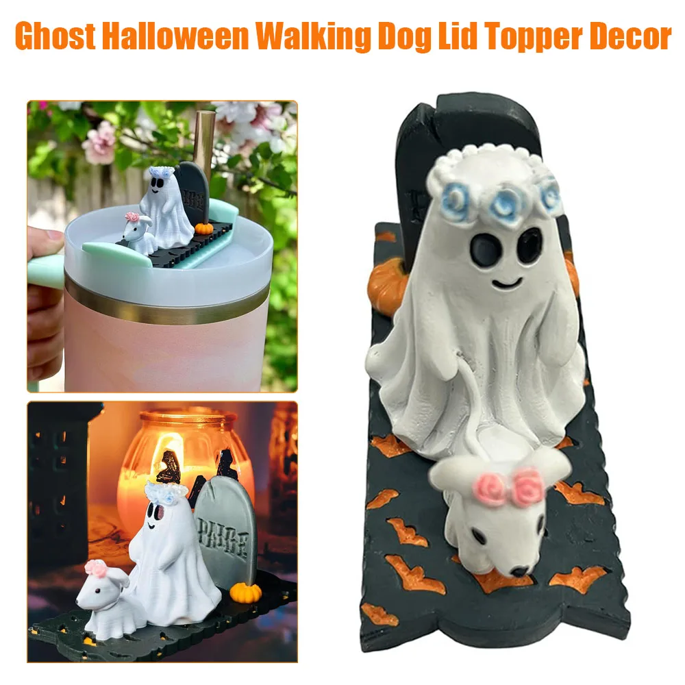 Ghost Halloween Walking Dog Lid Topper Decor Cute Ghost walking dog cup lid Topper Halloween Cartoon Walking Dog Water Bottle