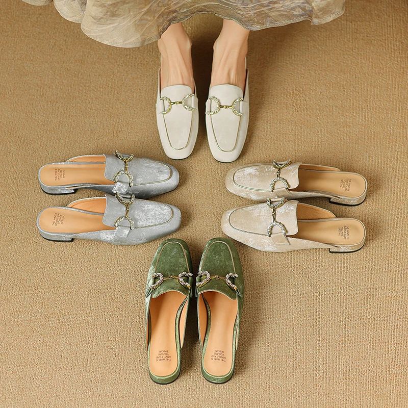

Genuine Leather Fashion Women Mules Modern 2.5cm Thick Med heel Slippers Summer metal Buckle Mules heels Sandals Elegant Pumps